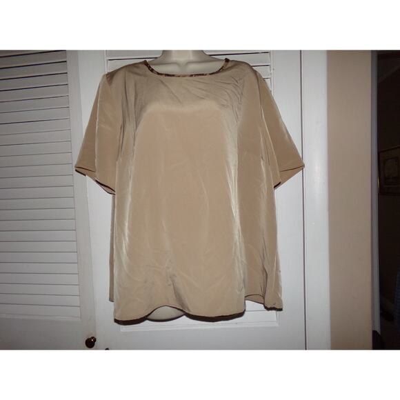 Vintage Susan Graver style tan blouse small shoulder‎ pads 1X short sleeve - Picture 1 of 5